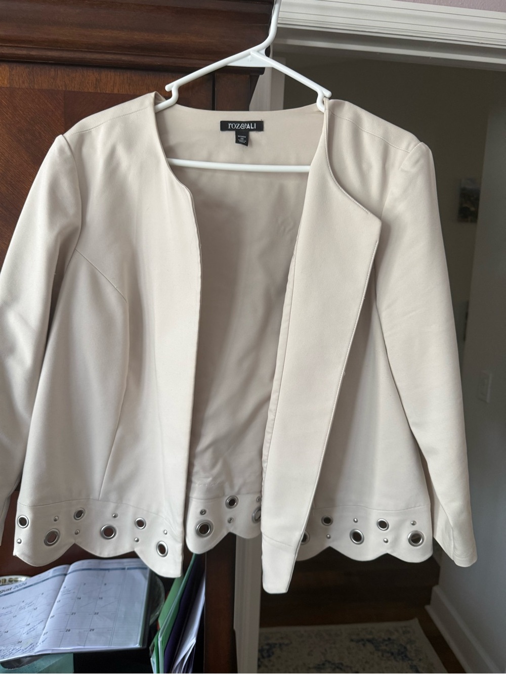 Roz & Ali Women's Cream Eyelet Hem Open Blazer Jacket